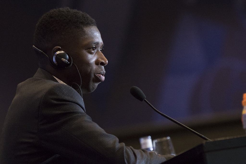 FC Barcelona's new transfer Ousmane Dembele holds a press conference during his presentation at Camp Nou Stadium in Barcelona, Spain on August 28, 2017. ( Albert Llop - Anadolu Agency )
