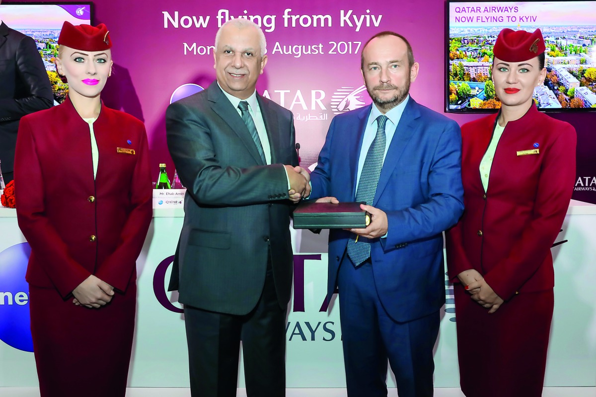 Qatar Airways Chief Commercial Officer Ehab Amin was welcomed with a traditional airport arrival ceremony hosted by Chief Executive Officer of Kiev Boryspil International Airport, Pavlo Riabikin, and attended by Qatar’s Ambassador to Ukraine, Jassim bin R
