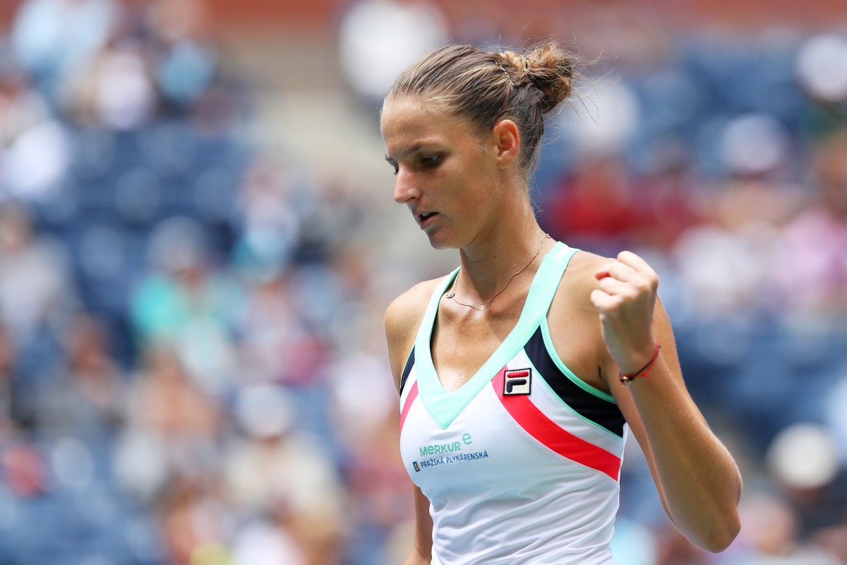 Karolina Pliskova of Czech Republic reacts against Saisai Zheng of China during their third round match on Day Six of the 2017 US Open at the USTA Billie Jean King National Tennis Center on September 2, 2017 in the Flushing neighborhood of the Queens boro