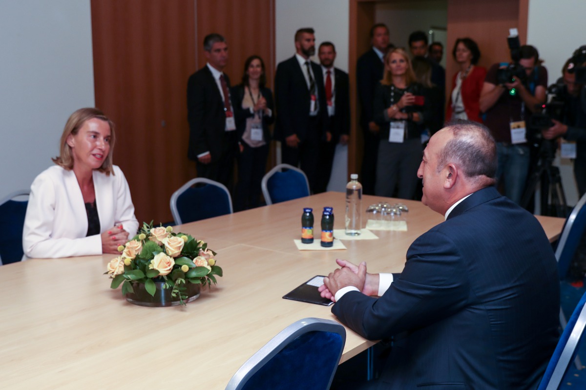 Foreign Affairs Minister of Turkey Mevlut Cavusoglu (R) meets with European Union High Representative Federica Mogherini (L) during the Bled Strategic Forum in Bled, Slovenia on September 4, 2017. (Cem Özdel / Anadolu Agency)
