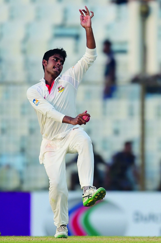 Bangladeshi cricketer Mehidy Hasan delivers a ball during the third day of the second Test against Australia at Zahur Ahmed Chowdhury Stadium in Chittagong yesterday.