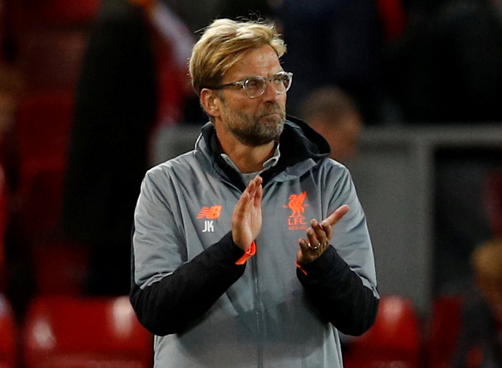 Liverpool manager Juergen Klopp applauds the fans at the end of the match REUTERS/Phil Noble
