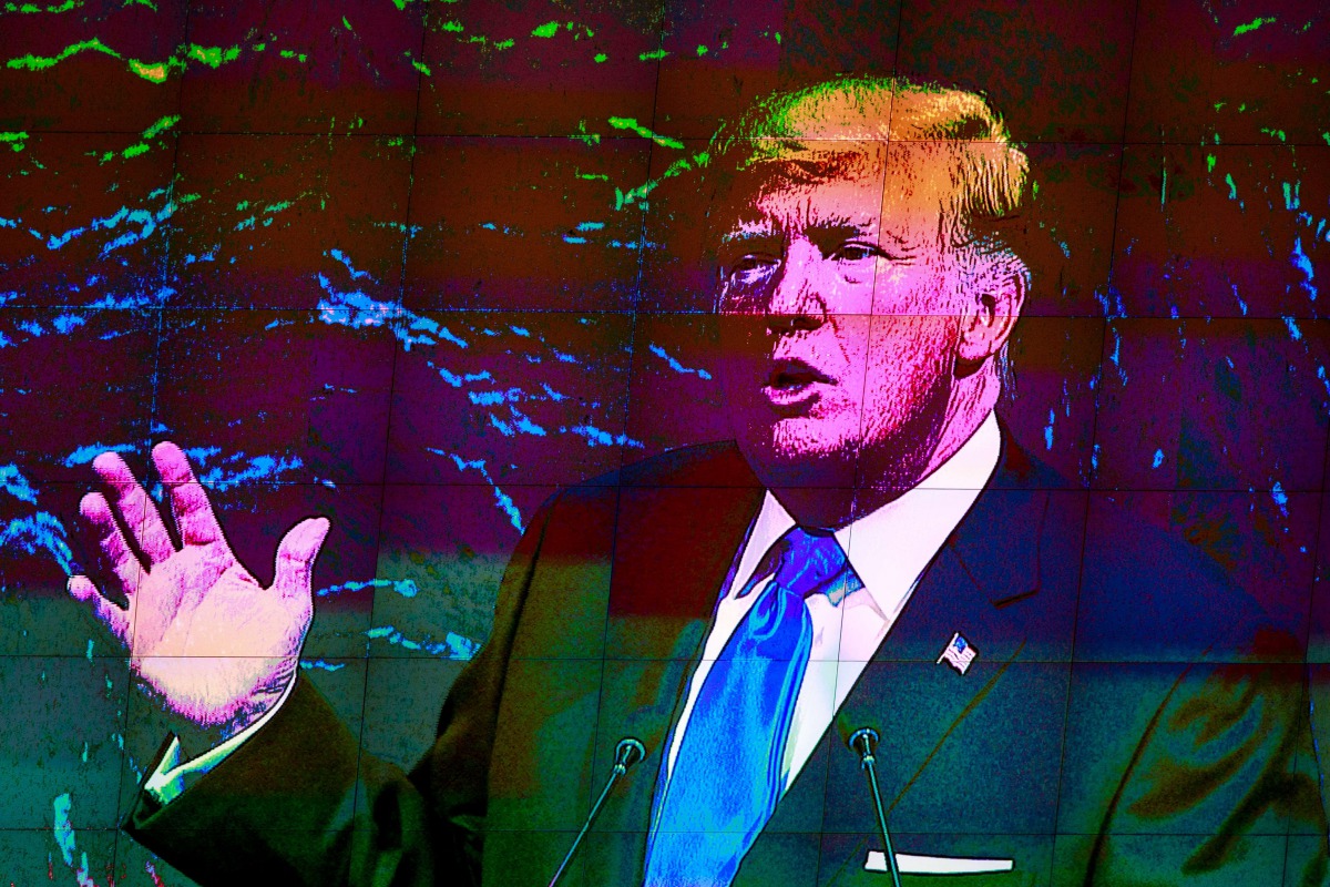 U.S. President Donald Trump is displayed on a monitor as he addresses the United Nations General Assembly at UN headquarters, September 19, 2017 in New York City. Drew Angerer/Getty Images/AFP