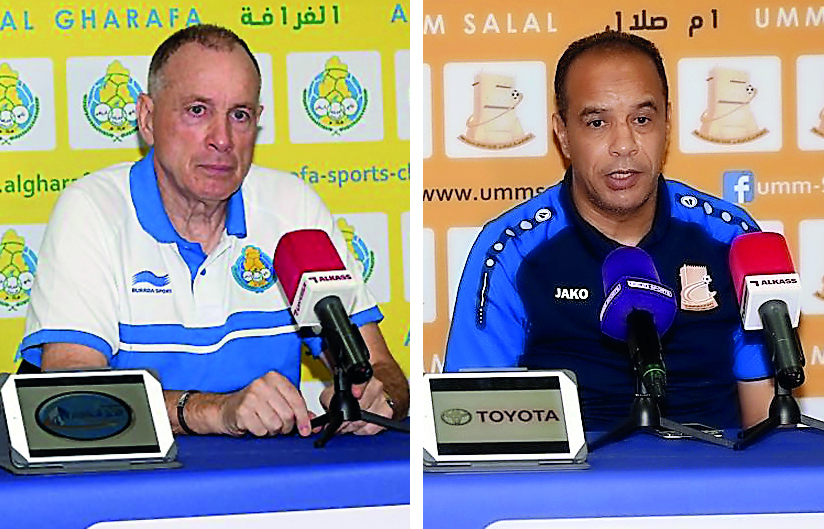 Al Gharafa coach Jean Fernandez (left) and Umm Salal coach Diogo Amado speak during press conferences held yesterday, ahead of their QNB Stars League match which will be played at Al Gharafa Stadium today.   