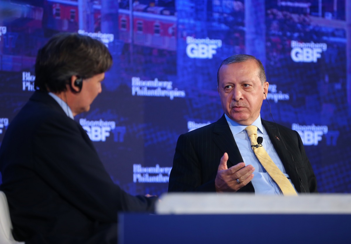 President of Turkey Recep Tayyip Erdogan speaks with Bloomberg Editor-in-Chief John Micklethwait (L) during the inaugural Bloomberg Global Business Forum at the Plaza Hotel in New York, NY, United States on September 20, 2017. The forum will hosts more th