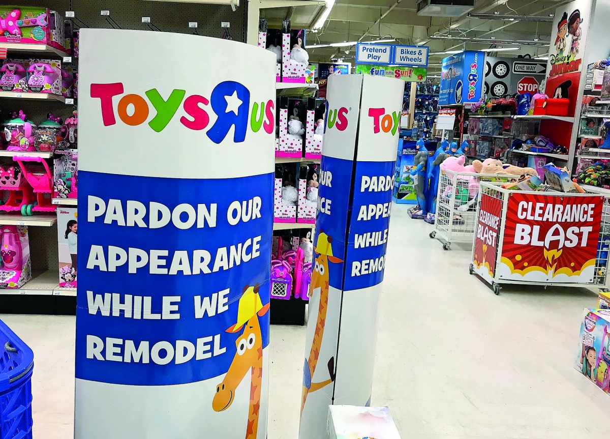  A construction sign is posted inside of a Toys R' Us store on September 19, 2017 in San Rafael, California. Toys R' Us announced that it has filed for Chapter 11 bankruptcy. The toy store chain operates 1,695 stores, including Babies R Us stores, in 38 c