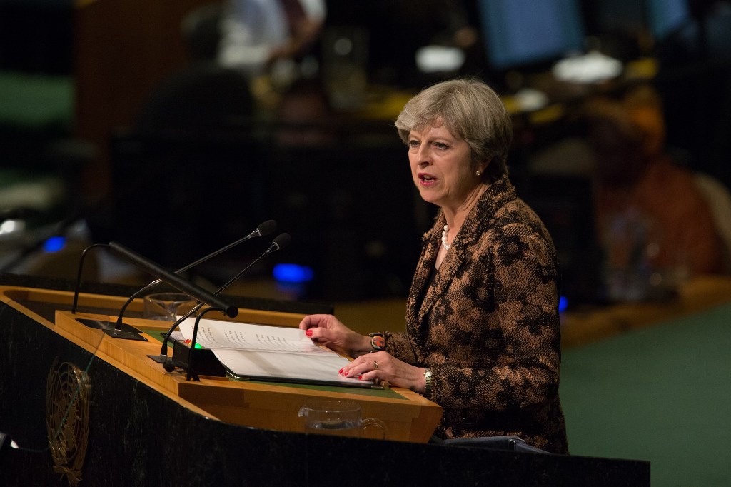 Theresa May, Prime Minister of the United Kingdom addresses the U.N. General Assembly at the United Nations on September 20, 2017 in New York, New York.  Kevin Hagen/AFP
