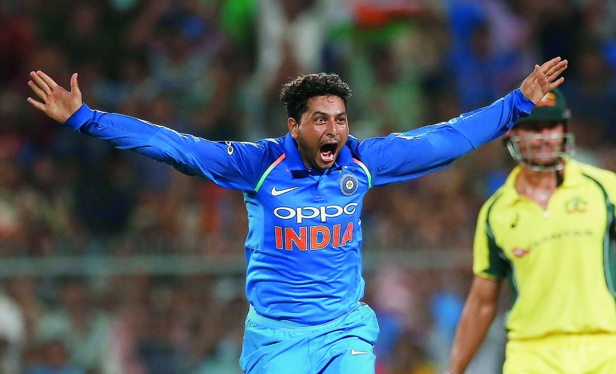 India’s Kuldeep Yadav celebrates after dismissing Australia’s Pat Cummins during their second ODI in Kolkata, yesterday.
