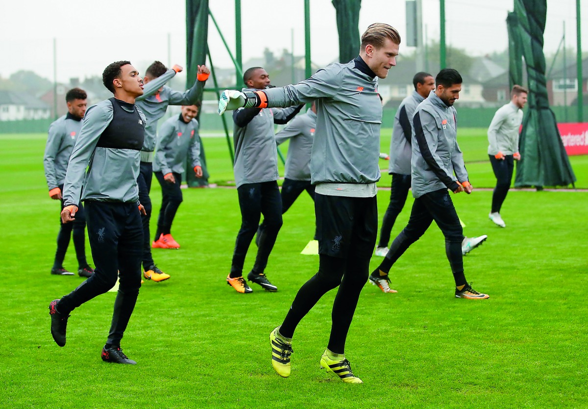 Liverpool goal-keeper Loris Karius (foreground) along with his team-mates during team’s training session, on the eve of their Champions League match against Spartak Moscow, in Liverpool yesterday. 