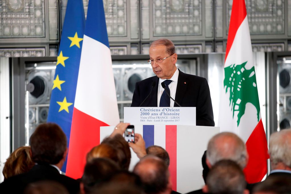 Lebanon's President Michel Aoun delivers a speech during the inauguration of the exhibition 