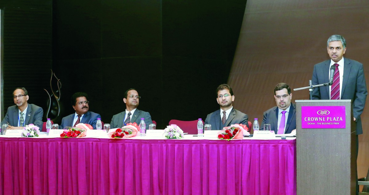 P Kumaran, Ambassador of India to Qatar, speaking at the IBPC networking session at Crowne Plaza Hotel. 
