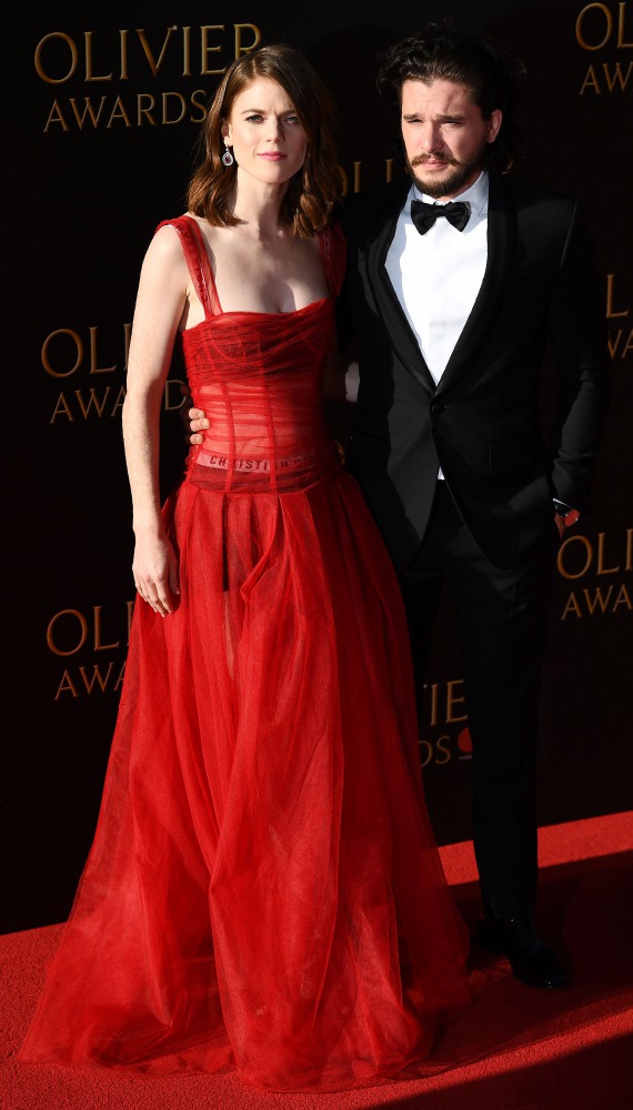 British actress Rose Leslie (L) and British actor Kit Harington posing on the red carpet to attend the 2017 Laurence Olivier Awards in London on April 09, 2017. AFP / Justin Tallis