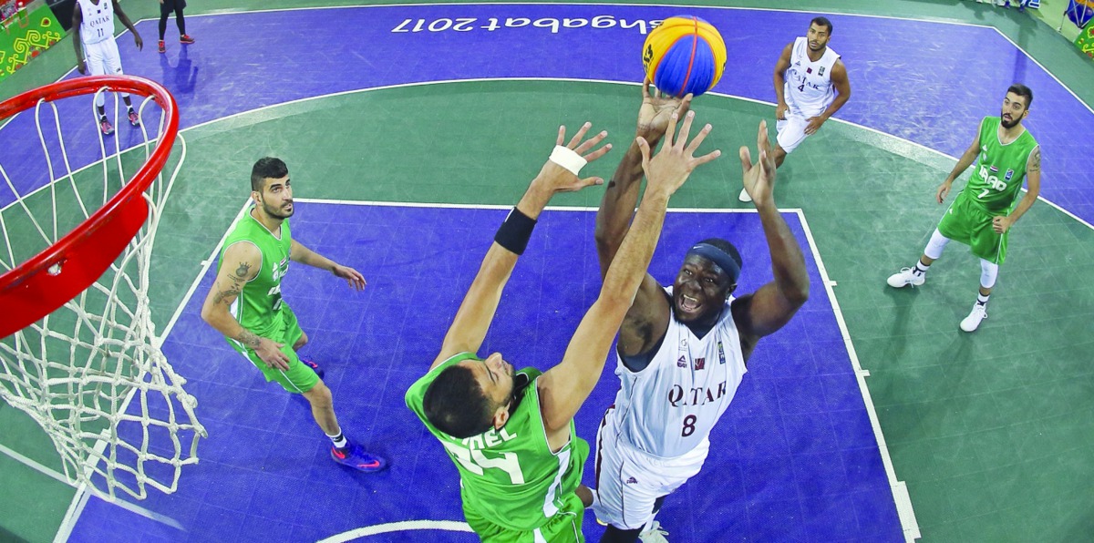 Qatar’s star cager Tanguy Ngombo prepares to shoot during the men’s 3X3 basketball semi-final of the 5th Asian Indoor and Martial Arts Games in Ashgabat, Turkmenistan. The Al Annabi cagers were no match for Iraq in the final of the men’s 3x3 basketball co