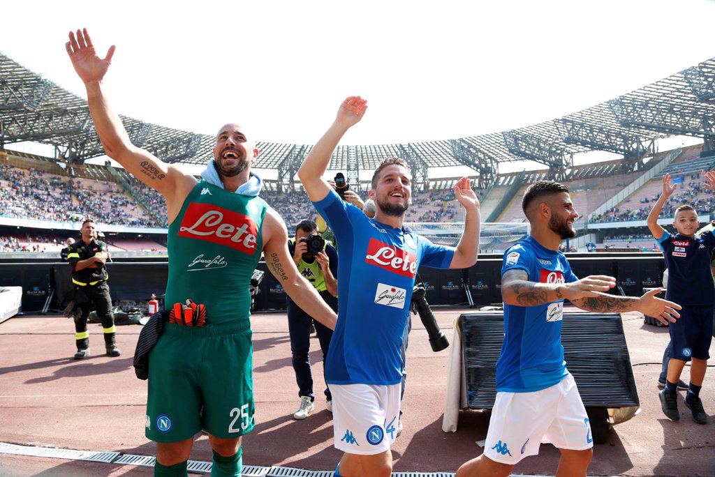 Napoli's Pepe Reina, Dries Mertens and Lorenzo Insigne celebrate after the match REUTERS/Ciro De Luca
