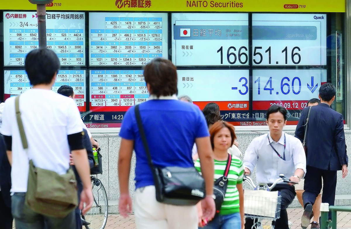 Pedestrians walking past an electric quotation board displaying the Nikkei key index of the Tokyo Stock Exchange in the file picture.
