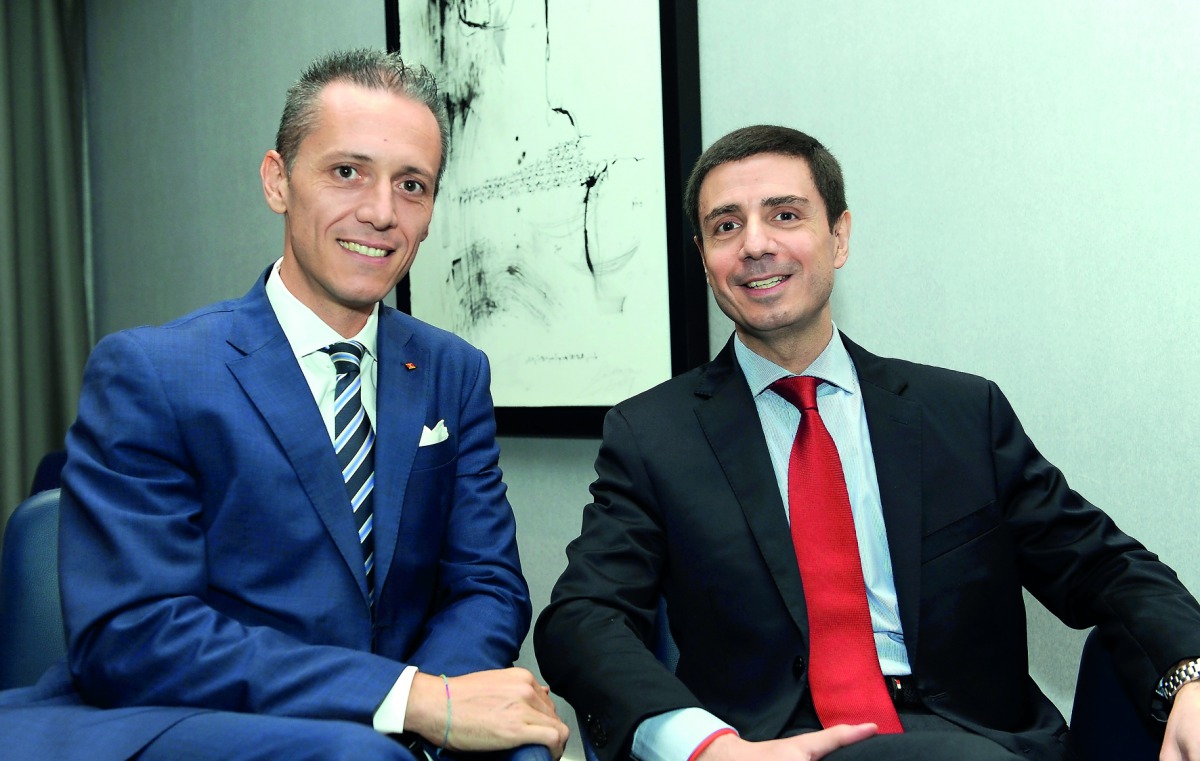 Giosafat Rigano (right), Italian Trade Commissioner, Italian Trade Agency at the Embassy of Italy, Doha; with Antonello Ciambriello, Head of International Office at the Italian Co-Operative Confederation; speaking to the media at a briefing held at the W 