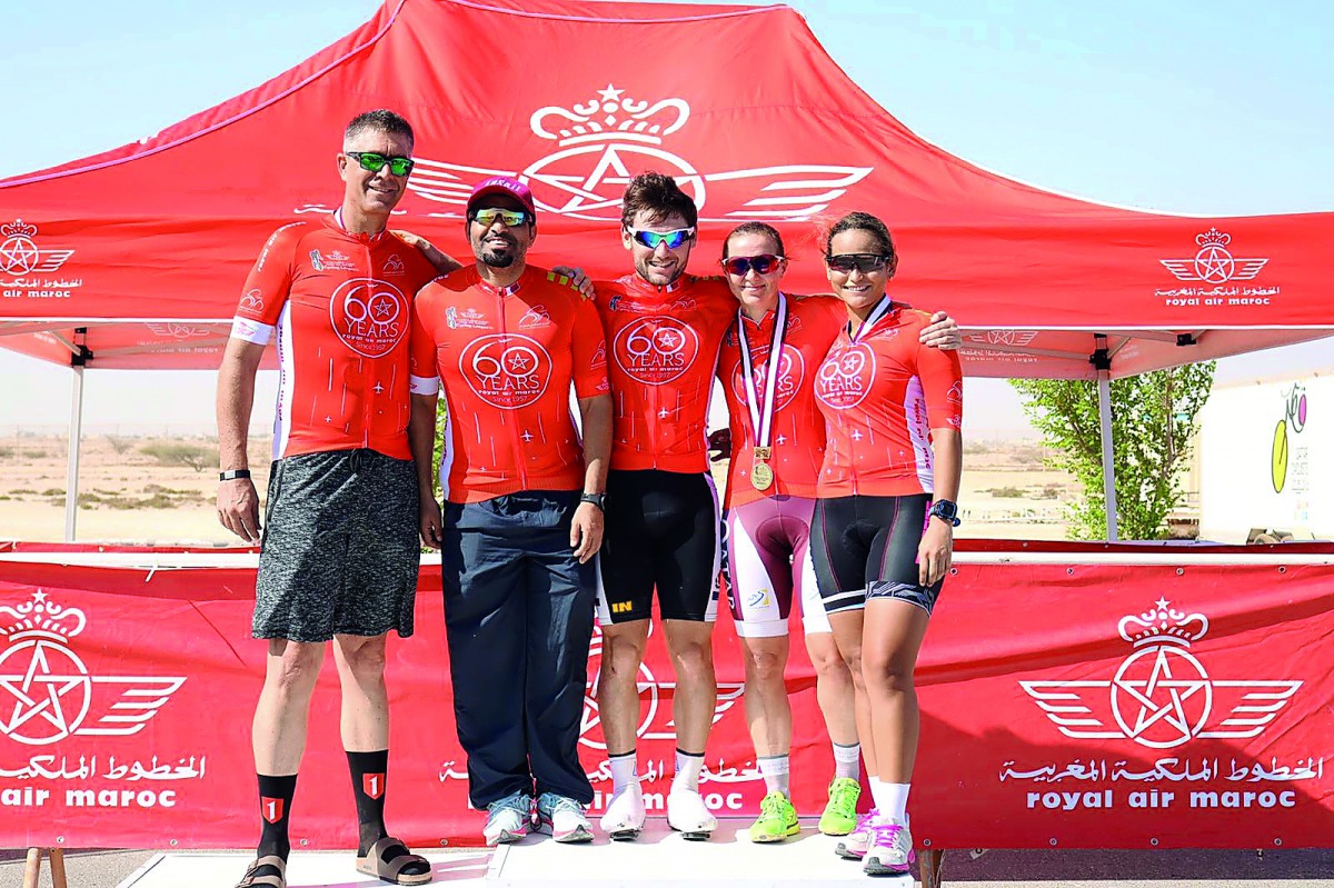 Riders pose on the podium after the first stage of Air Maroc League last weekend at Losail Technical Zone.