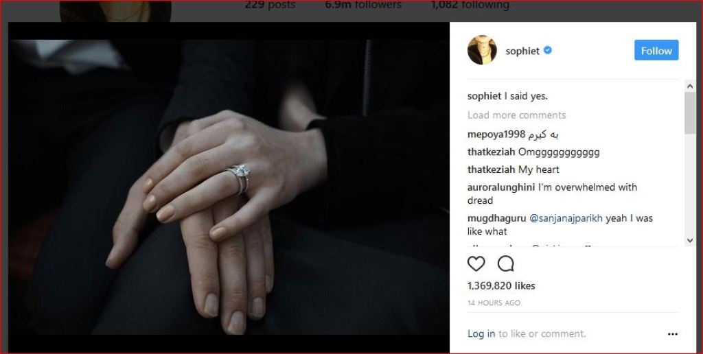 Screen shot of the instagram post put by Sophie Turner.