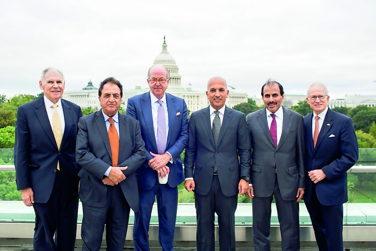 Minister of Finance H E Ali Shareef Al Emadi (third right) and H E Sheikh Abdulla bin Saoud Al Thani (second right), Governor of the Qatar Central Bank, with other senior Qatar and US officials in Washington DC. 