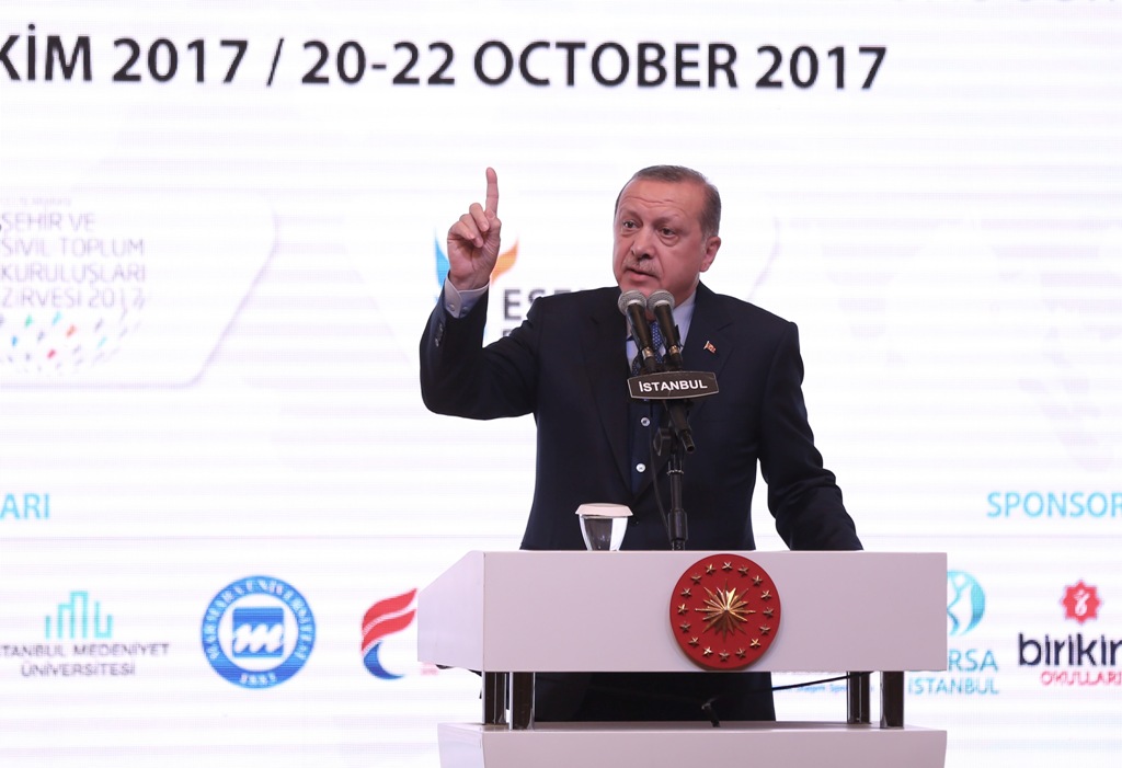 President of Turkey Recep Tayyip Erdogan delivers a speech during International City and Civil Society Organizations Summit at Yildiz Technical University Davutpasa Convention Centre in Istanbul, Turkey on October 21, 2017. Metin Pala - AA 
