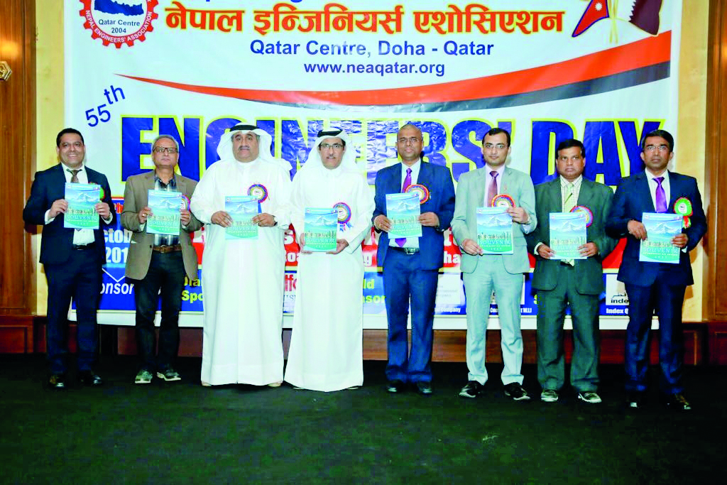 Ahmad Jassim Al Jolo (Third left), President of the Federation of Arab Engineers and Chairman Qatar Society of Engineers, and Abdullah Ibrahim Nur Al Emadi with the members of NEA and guests  during the launch of the souvenir of 55th Engineers’ Day. 
