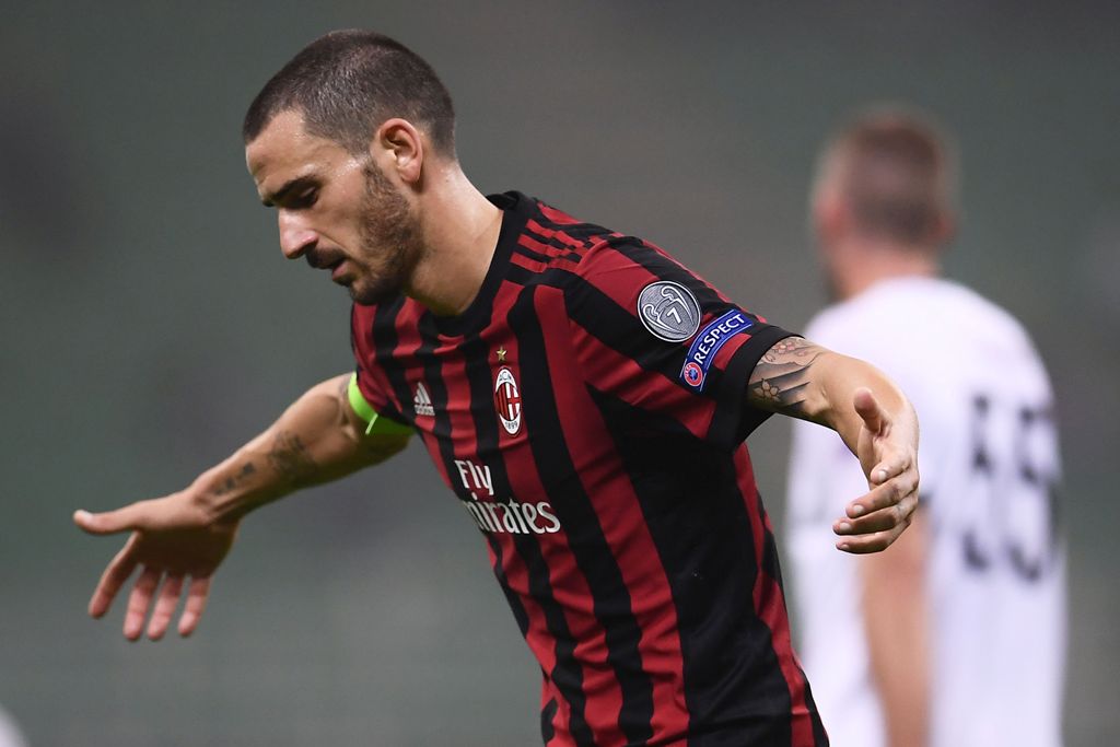 AC Milan's defender Leonardo Bonucci reacts during the UEFA Europa League football match AC Milan vs AEK Athens at the 