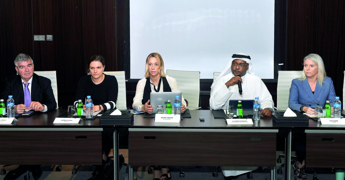 FROM LEFT: Lionel Levha, Maison de la France; Kathrin Lemke, AHK GBCQ; Palma Libotte, Chairperson of Italian Chamber of Commerce; El Sadiq Hamour, Director Business Development at Qatar Financial Center, and Lisa Saad, AmCham; at the press conference anno