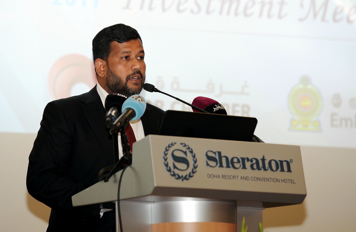 Rishad Bathiudeen, Minister of Industry and Commerce, addressing Qatar-Sri Lanka Business Forum at the Sheraton, yesterday. Pic: Salim Matramkot/ The Peninsula