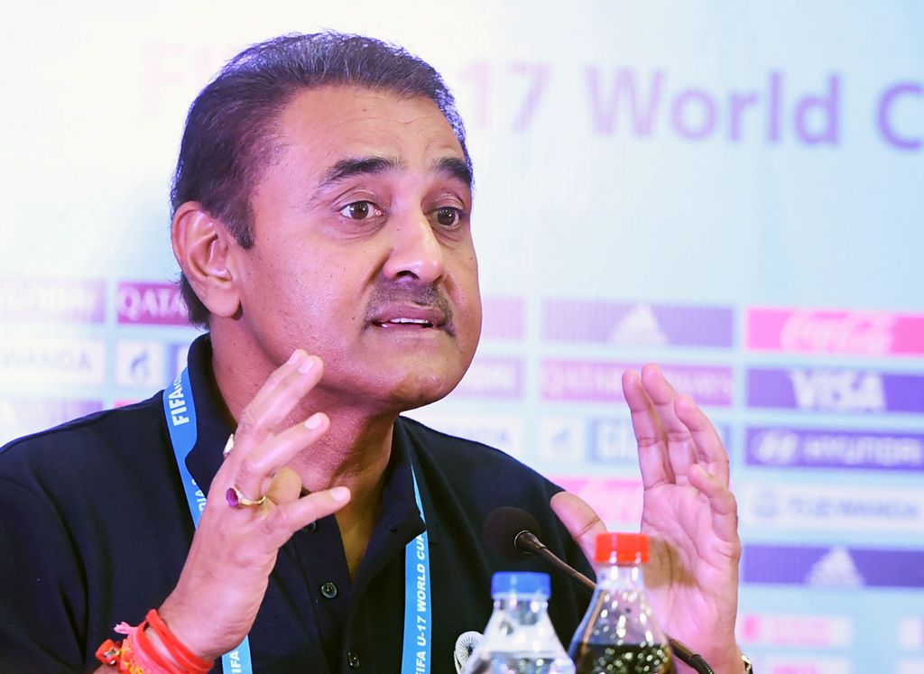 President of the All India Football Federation (AIFF) Praful Patel speaks during a press conference ahead of the final of the U-17 FIFA World Cup at the Vivekananda Yuba Bharati Krirangan stadium in Kolkata on October 26, 2017. / AFP / Dibyangshu SARKAR
