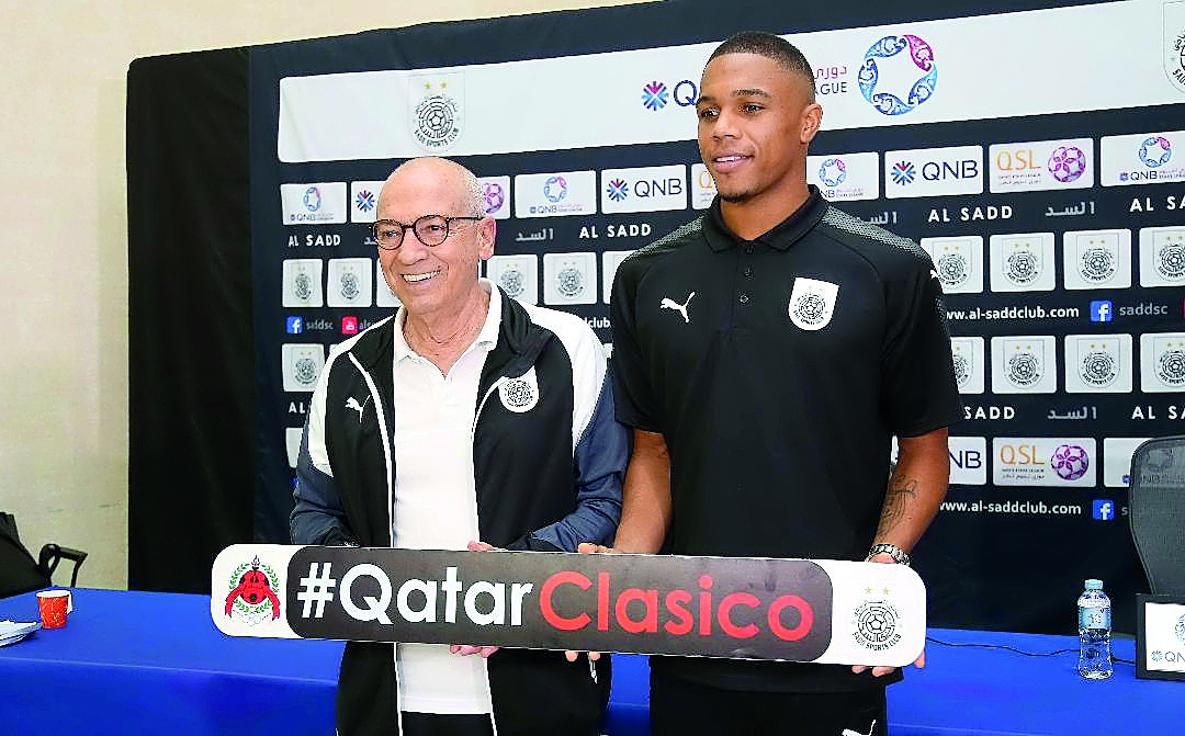 Al Sadd coach Jesualdo Ferreira (left) and midfielder Miguel Pedro before a press conference yesterday. 