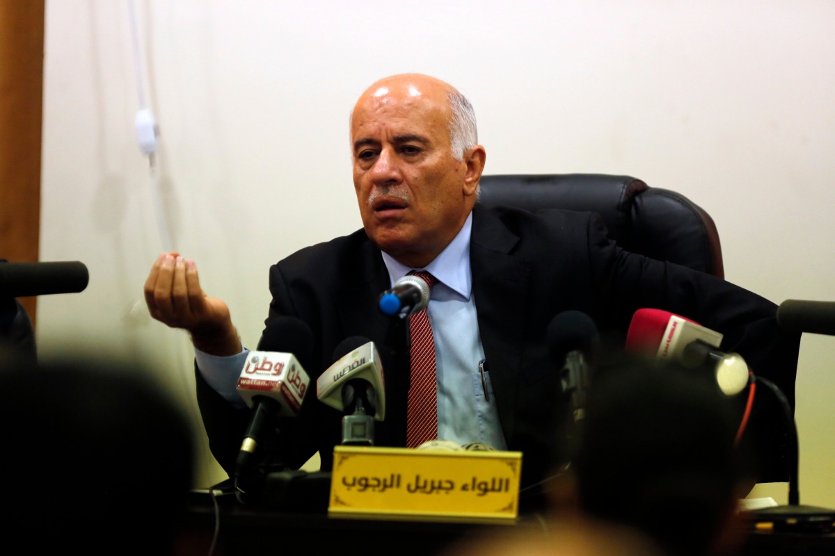 Chairman of the Palestinian football association Jibril Rajoub speaks during a press conference in the West Bank city of Al-Ram between Jerusalem and Ramallah on October 29, 2017. AFP / Abbas Momani