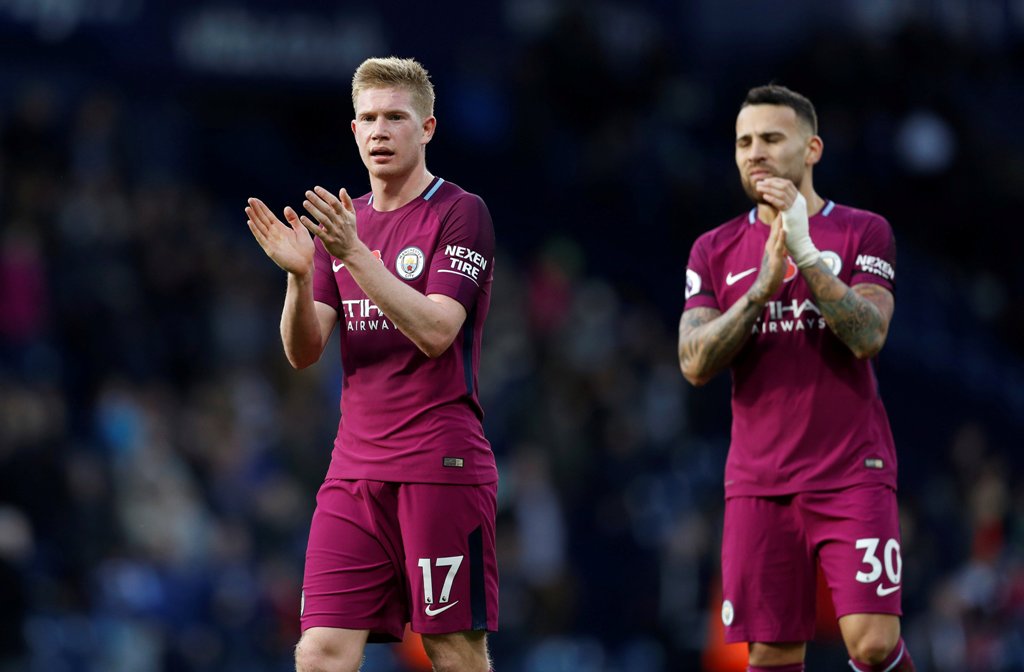 A file photo of  Manchester City's Kevin De Bruyne and Nicolas Otamendi applaud the fans after the match, October 28, 2017. REUTERS/Darren Staples