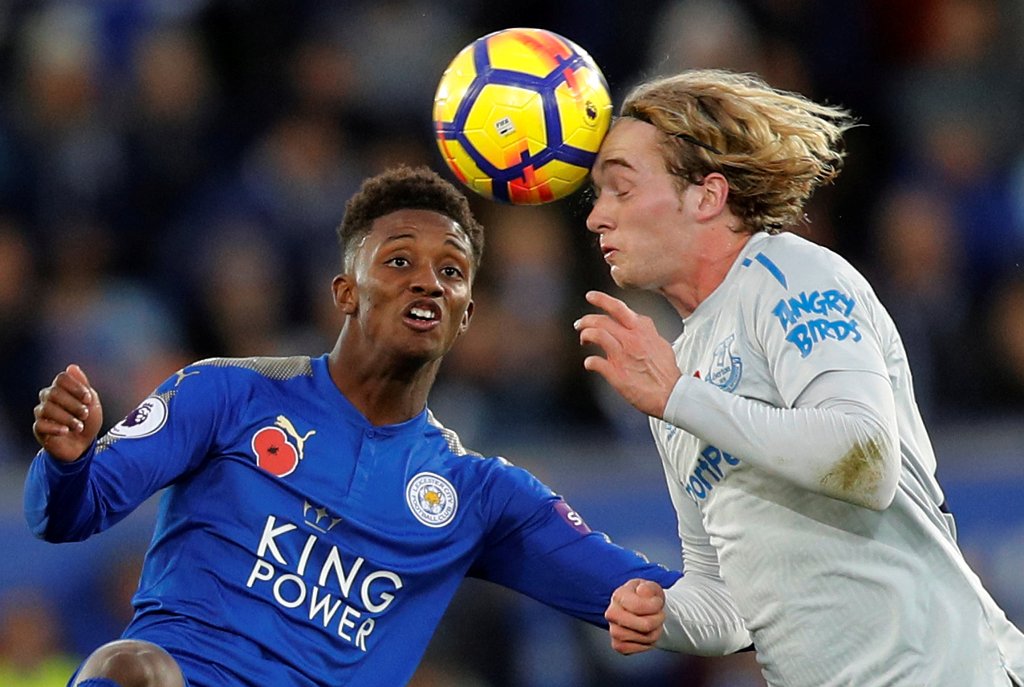 A file photo of Leicester City's Demarai Gray in action with Everton's Tom Davies on October 29, 2017. REUTERS/Darren Staples