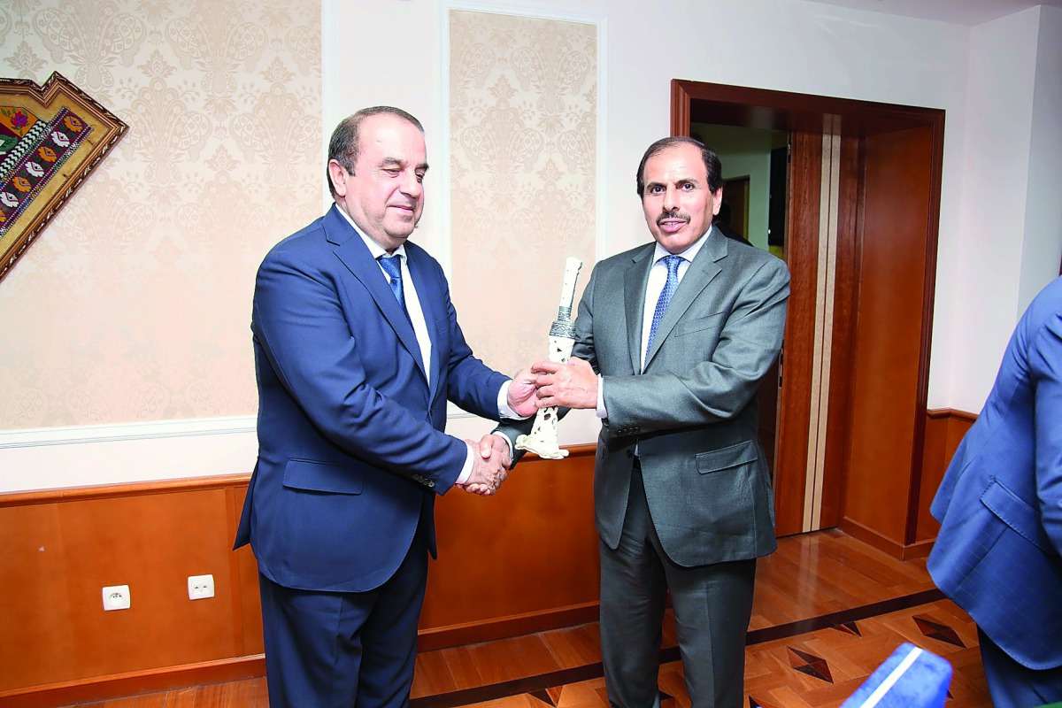 H E Sheikh Abdullah bin Saoud Al Thani (right), QCB Governor with Said Davlatali, First Deputy Prime Minister of the Republic of Tajikistan during the meeting in Tajikistan, yesterday.