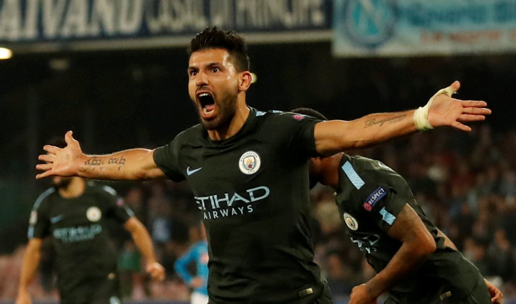 Manchester City's Sergio Aguero celebrates scoring their third goal Action Images via Reuters/Andrew Boyers
