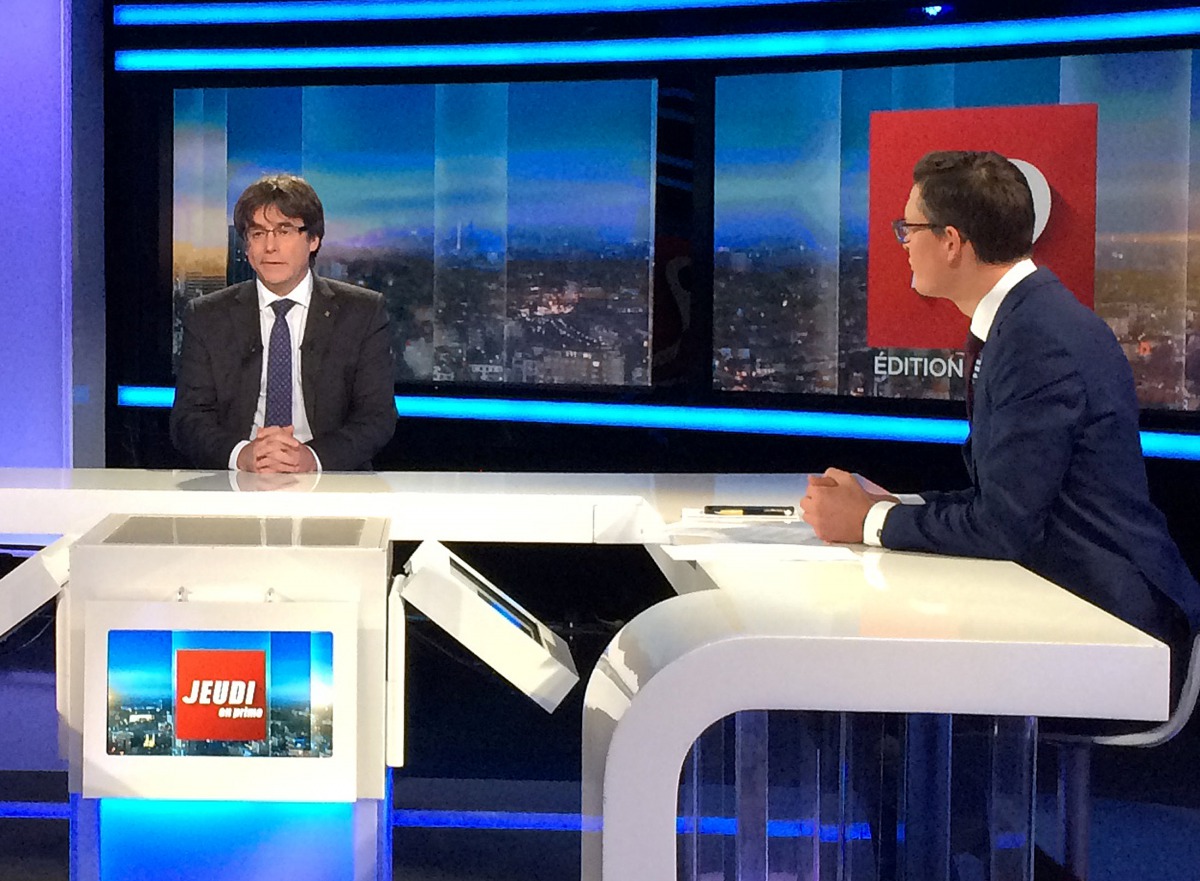 Ousted Catalan President Carles Puigdemont is interviewed on Belgian RTBF television in Brussels, Belgium, November 3, 2017. RTBF Televison via REUTERS