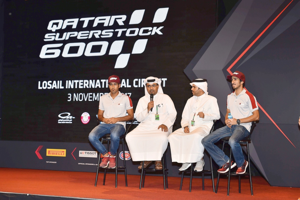 Qatar Motor and Motorcycling Federation (QMMF) President Abdulrehman Al Mannai (second left) addressing the gathering during a press-conference held at the Losail International Circuit yesterday. Losail Circuit Sports Club (LCSC) Vice-Chairman and Secreta