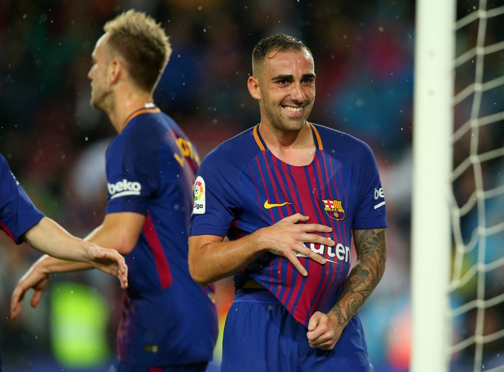 Barcelona’s Paco Alcacer celebrates scoring their first goal REUTERS/Albert Gea
