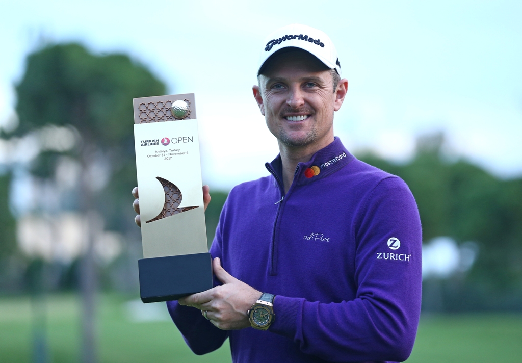 Justin Rose of England poses with a trophy after getting the first place in the Turkish Airlines Open 2017 Golf Tournament in Antalya, Turkey on November 05, 2017.Orhan Çiçek - AA