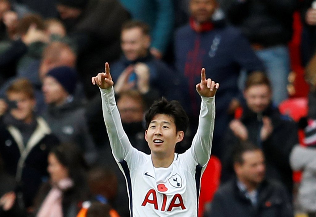 A photo of Tottenham's Son Heung-min celebrates scoring their first goal November 5, 2017. REUTERS/Peter Nicholls