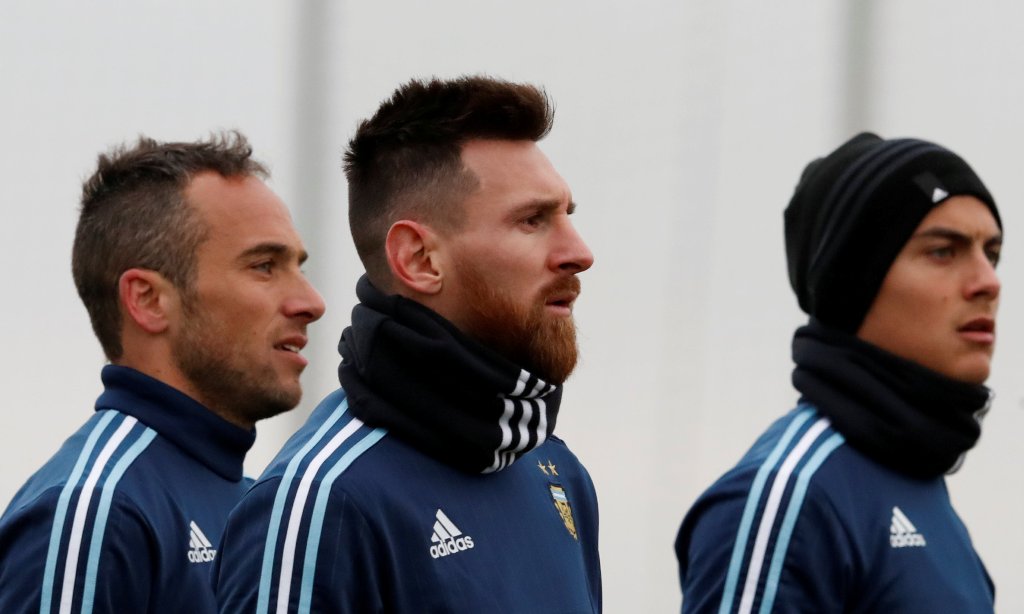 Argentina's Lionel Messi and teammates attend a training session ahead of their friendly match against Russia. REUTERS/Sergei Karpukhin
