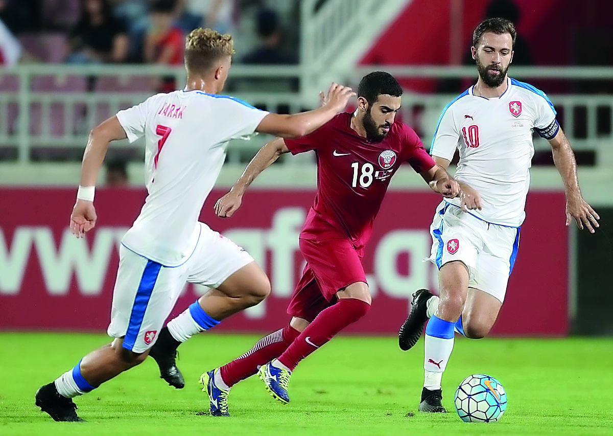 Action from the match between Qatar and Czech Republic in Doha yesterday. Czech Republic won 1-0.
