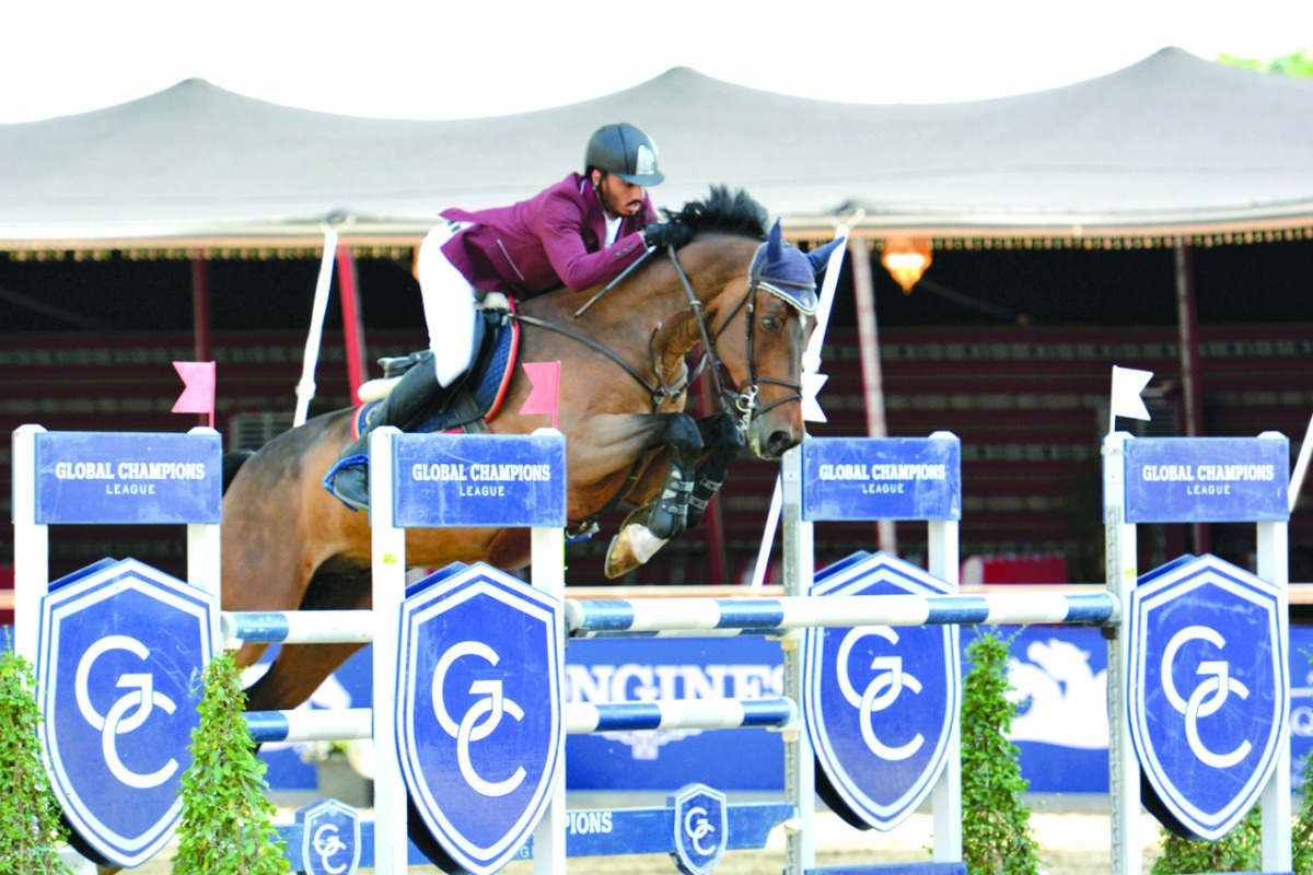 Saeed Nasser Al Qadi guides Daydreamer Ec over an obstacle during the Class 09: Doha 2017 Invitational 1.30/1.40m event of the third round of Hathab Series at Al Shaqab Arena yesterday.