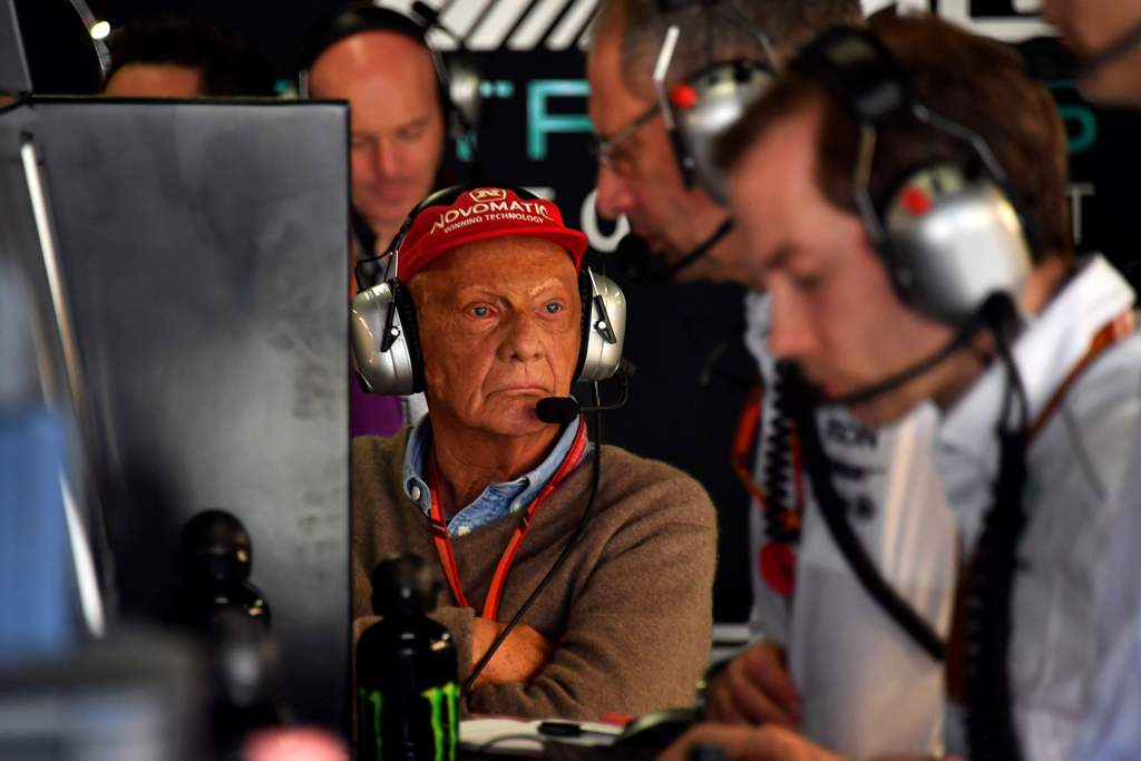 Austrian former F1 driver and current Mercedes team non-executive chairman Niki Lauda is seen at the pits, during the Brazilian Formula One Grand Prix first practice session, at the Interlagos circuit in Sao Paulo, Brazil on November 10, 2017.  AFP / NELS
