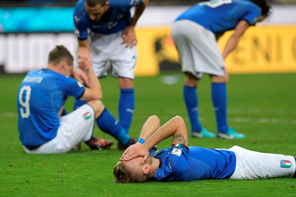 Italy's forward Ciro Immobile react at the end of the FIFA World Cup 2018 qualification football match between Italy and Sweden, on November 13, 2017 at the San Siro stadium in Milan.  AFP / Miguel MEDINA
