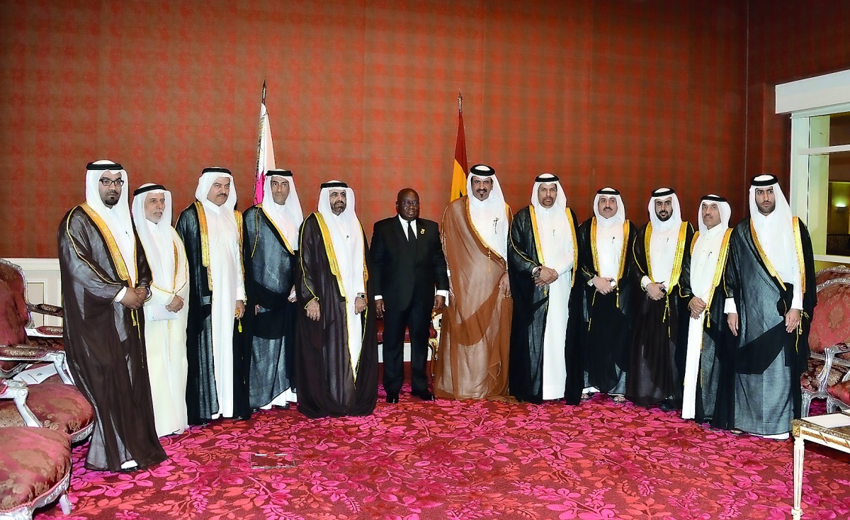 The President of the Republic of Ghana, Nana Akufo-Addo (centre), Qatar Chamber (QC) Vice-Chairman Mohamed bin Towar Al Kuwari (sixth right) and other prominent Qatari businessmen at the Qatar Chamber headquarters in Doha, yesterday.  