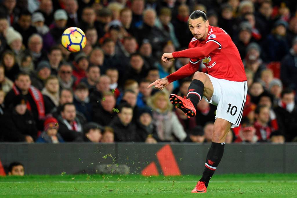  An image of Manchester United's Swedish striker Zlatan Ibrahimovic plays the ball during the English Premier League football match between Manchester United and Newcastle at Old Trafford in Manchester, north west England, on November 18, 2017. / AFP / Ol