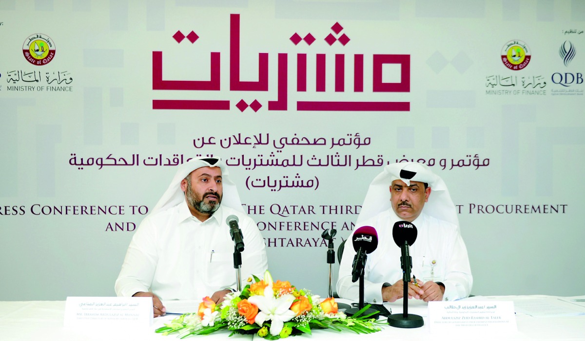 Abdulaziz Al Mannai (left), Executive Director of Advisory Services, QDB; and AbdulAziz Zeid Rashid Al Taleb, Director of Government Procurement Regulations at the Ministry of Finance;  during a press conference at Qatar Development Bank, yesterday. Pic: 