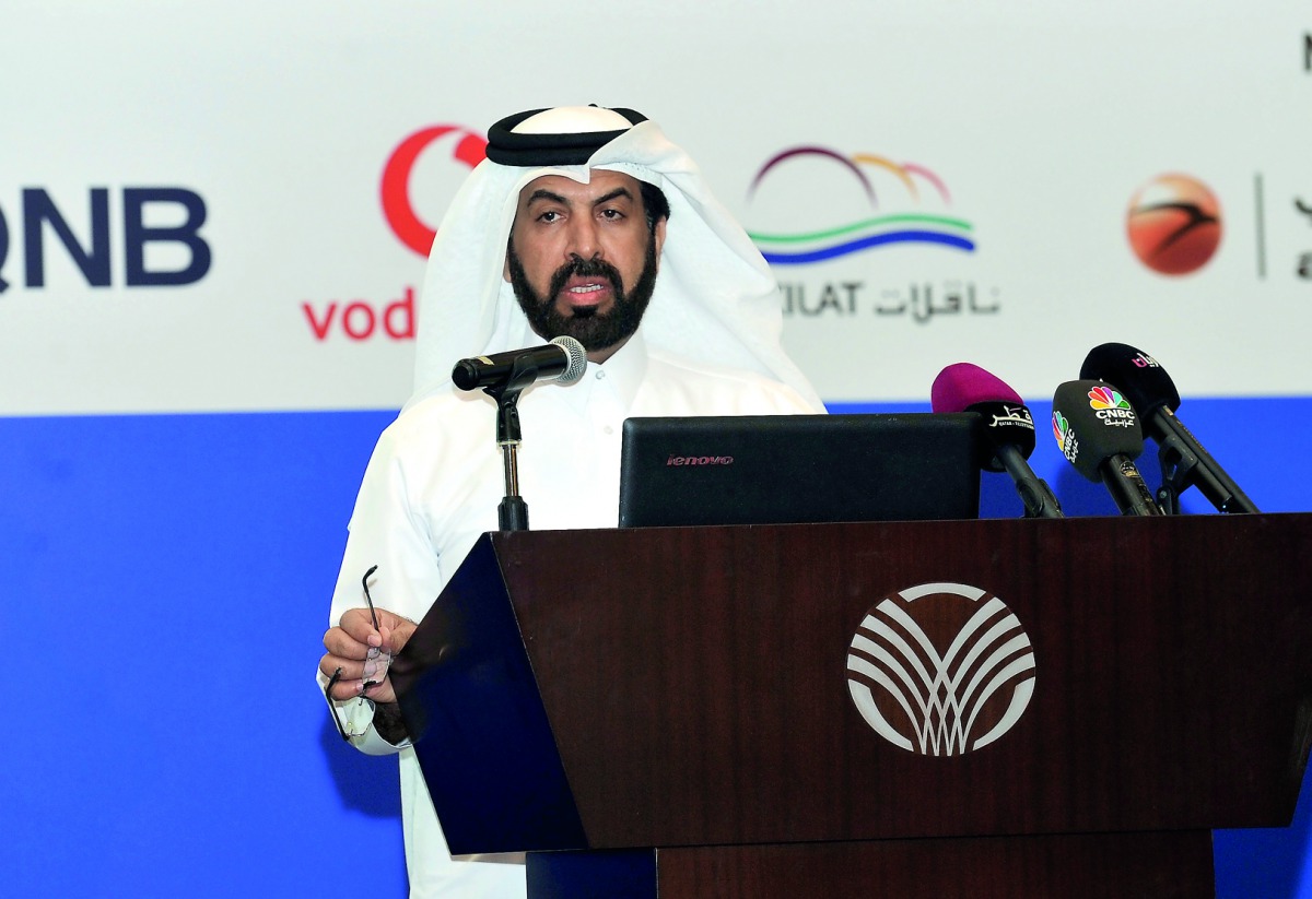 QSE Chief Executive Officer Rashid Ali Al Mansoori addressing the eighth Annual IR Conference, at City Centre Rotana, yesterday. Pic: Kammutty VP / The Peninsula