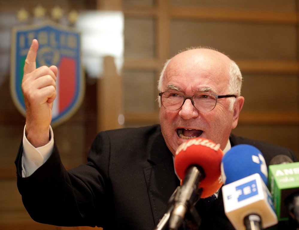 Italian Football Federation (FIGC) President Carlo Tavecchio gestures during a news conference in Rome, Italy November 20, 2017. REUTERS/Max Rossi